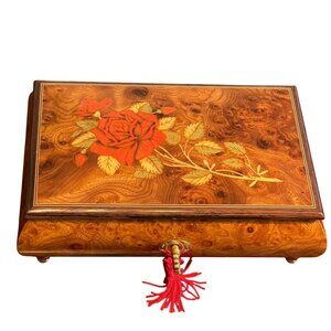 Vintage Reuge Romance Swiss Music Box Roses from the South Inlay Burl Wood